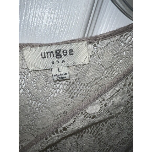 Umgee Top Womens L Lace Accents Fringe Tan Open Back Shirt Boho Blouse peasant - Picture 9 of 10
